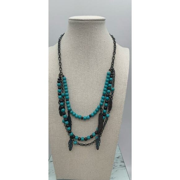 Shyanne Dark Silver Tone Feathers Faux Turquoise Beads Multi Layer Necklace - Picture 2 of 6